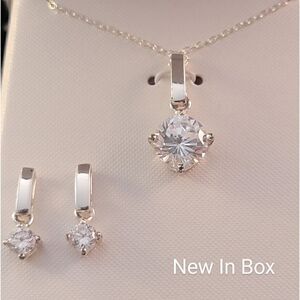 Sterling Contemporary Drop Clear CZ Round Pendant Necklace Earrings Set - …